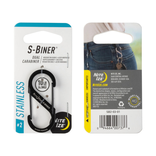 S-Biner® rozsdamentes acél kettős karabiner, fekete – 2-es méret