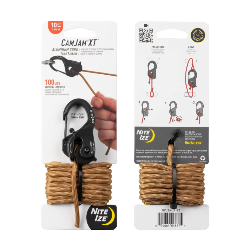 CamJam® XT™ alumínium kötélfeszítő + 3 m-es paracord, fekete – nagy méret
